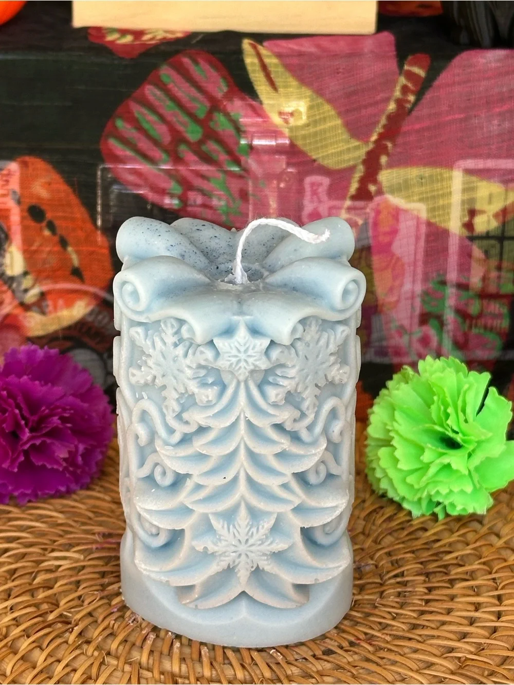 Icy Blue Christmas Tree Pillar Candle